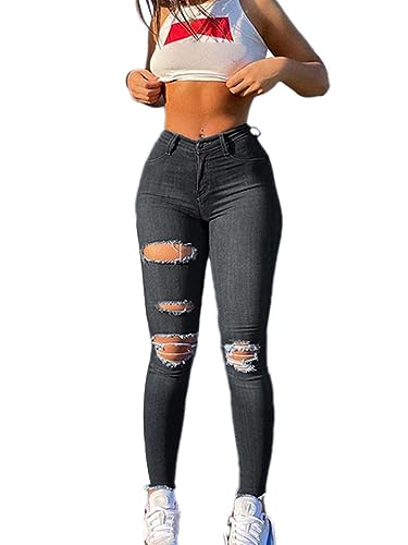 Onsoyours Damen Jeans Hose Straight-Fit Gerader Schnitt High Waist Jeanshose Bleistifthose Mit Löchern Casual Stretch Denim Pants Skinny Slim Fit Röhrenjeans Bleistiftjean Leggings B Schwarz L