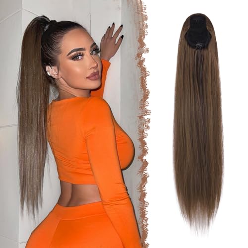 FESHFEN Coleta Postiza Pelo Liso, 70 cm Cola de Caballo Extension Cordón Larga Lisa Extensión Pelo Coleta Sintética Ponytail Drawstring Extensiones Postizos para Mujeres, Marrón Musgo