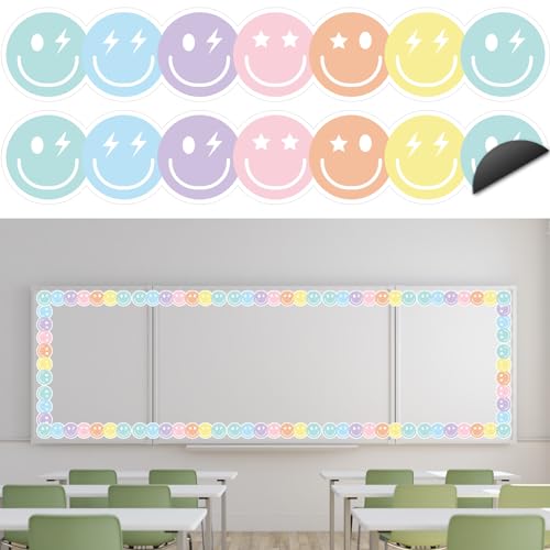 Image of Whaline 24 Pcs Preppy Happy Face Magnetic Bulletin Board Border Pastel Color Smile Face Magnetic Strips Border Trim for Silly Goose Back to School Office Classroom Decor