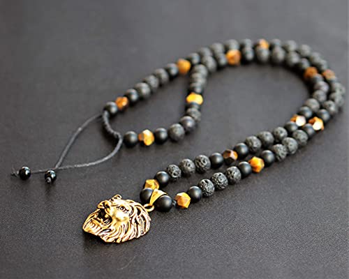 Lion Necklace Men's Natural Tiger Eye Beads Necklace Onyx,Lava Beads Necklace Macrame Beaded Necklace Big Lion Pendant Necklace For Men - Image 3