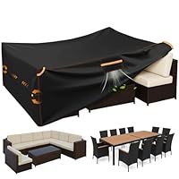 GARPROVM Patio Furniture Covers Waterproof, 350x260x90cm Outdoor Furniture Cover, 420D Garden Sofa Cover with Vent, Straps, Handles, Buckles, Drawstring, Black + Orange Stitching + Reflective Strips