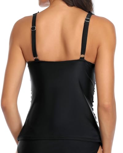 Image of Ruffle V Neck Tankini Top Only Women Tummy Control Swimsuit Tank Top | Removable cups for custom bust lift, Blend soft spandex to stretch easily