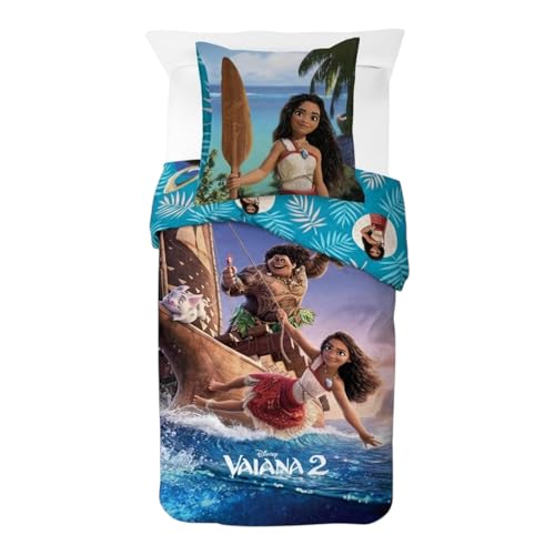 Parure de Lit Vaiana pour Enfant, Housse de Couette Disney Réversible 140x200 cm, Taie d'oreiller 65x65 cm, 100% Coton (Parure de lit Vaina)