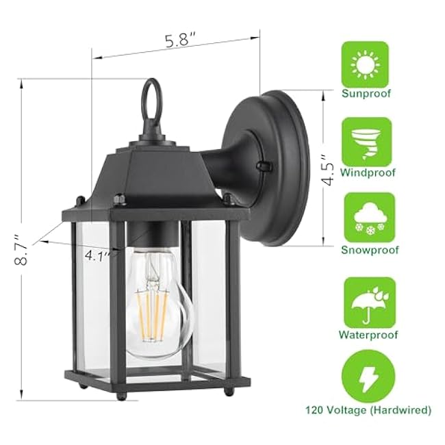 LIT-PaTH Outdoor Wall Lantern, Wall Sconce as Porch Lighting Fixture, E26 Base, Aluminum Housing Plus Glass, Water-Proof and Outdoor Rated, ETL Qualified, 1-Pack, Black