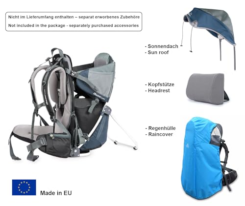 Kraxe Kindertrage Dacony, inklusive einem Paar Fußstützen mit Fersenarretierung, für das Tragen auf dem Rücken- Kindertragerucksack mit Rahmen- bis 25 kg- geeignet für alle Körpergrößen (Deep blue)