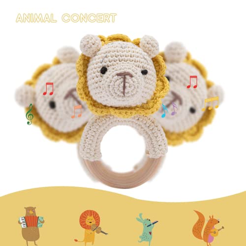 Youuys Wooden Rattle For Baby Brain Development, Crochet Lion Wood Baby Rattle, Cute Woodland Animal First Rattle Toy For Newborn #TOP2