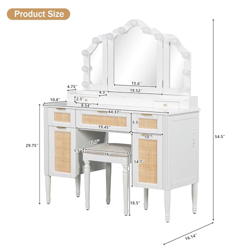 Image of JIVOIT 44.37 inch Makeup Vanity Desk with Tri-Fold Mirror, Large Vanity Table with 5 Drawers and Shelves and 2 Cabinets, Dressing Table, Easy Assembly