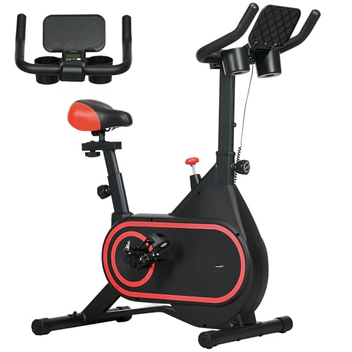 SPORTNOW Bicicleta Estática Bici Estática con Volante de Inercia 4 kg Resistencia Magnética Ajustable Pantalla LCD Silencioso Asiento Ajustable y Soporte de Vasos Carga 120 kg para Casa Gimnasio Rojo