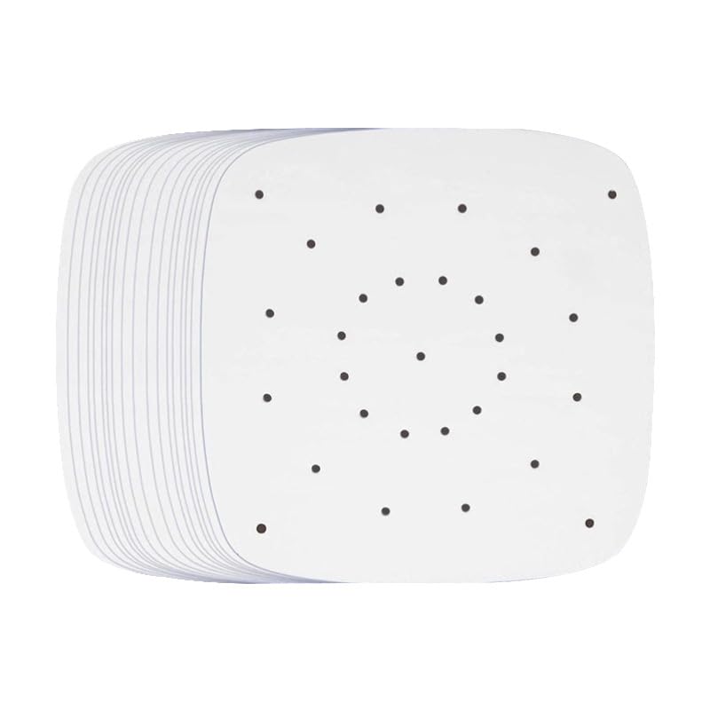 100 forros cuadrados de papel pergamino para freidora de aire de 8.5 pulgadas, papel pergamino perforado para freidora de aire, hornos y microondas o vaporizadores de bambú o metal de 8 a 9 pulgadas