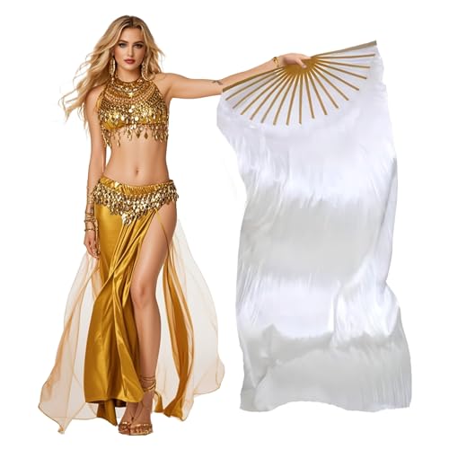 Women Belly Dance Fan for Beginners 180x90cm Faux Silk Fan (Right Hand Only) Flowing Veil Fan for Practice&Performance (White)