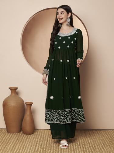 Image of PH POSHAKHUB Women A-Line Nyra Cut Kurta with Sharara in Georgette with Aari Work