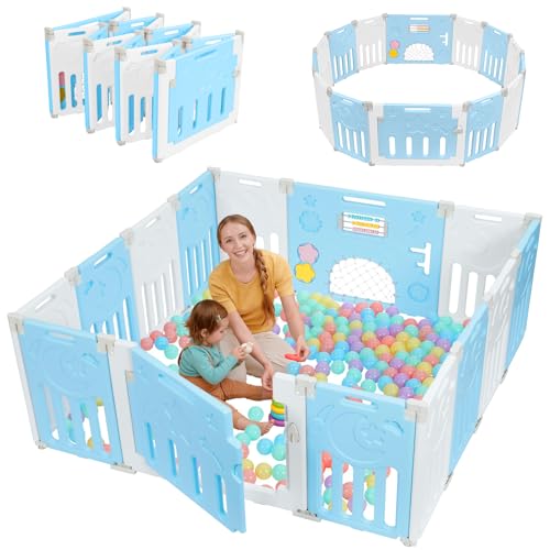 Dripex Parque Infantil Bebé, 150x150cm Corralito Bebé, Parque de Bebe, Corral para Bebe con Tablero de Juguete, Parque para Niños Antideslizante, Parque de Juegos, Cercado para Bebé, Azul y Blanco