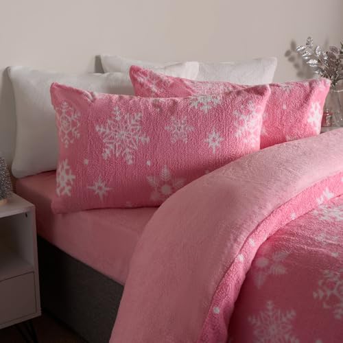 OHS Christmas Duvet Set Double Snowflakes, Teddy Fleece Duvet Cover Double Winter Bedding Double Bed Set with Pillowcases Quilt Cover Super Soft Comfy, Pink