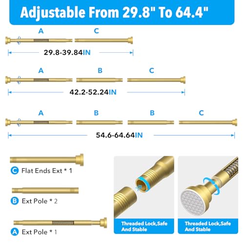 Image of Shower Curtain Rod Gold Tension Rod 36 to 63 Inch Spring Curtain Rod Shower rod Non Slip shower curtain rod 1pcs for Windows No Drilling Adjustable Tension Rods of Curtain Window Closet Kitchen
