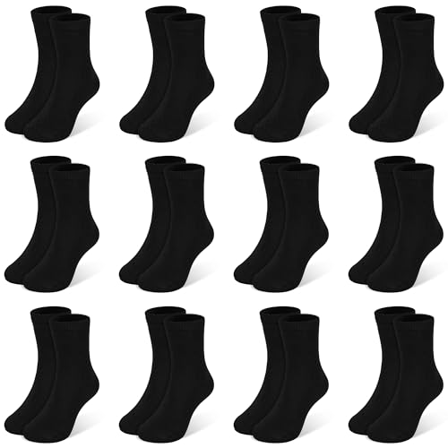 SPTRAMLE Kids Socks 12 Pairs Crew Socks for Toddler Boys Girls 4-7 Years Athletic Mid Cut Sock Multipack Black
