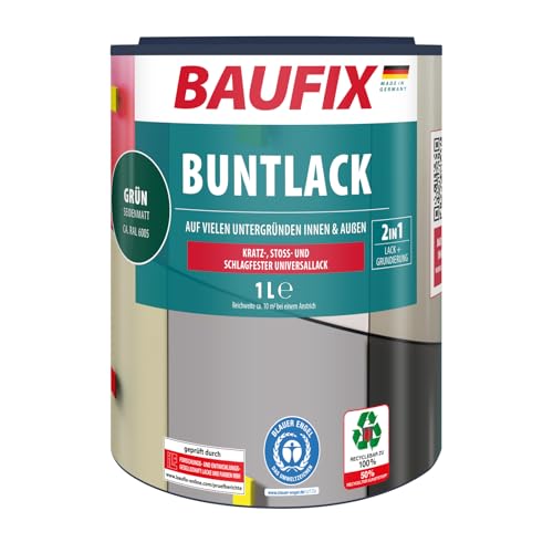 BAUFIX Buntlack grün, seidenmatt, 1 Liter, Lackfarbe, wasserverdünnbar, für innen & außen, geeignet für Holz/Zink/Beton/Eisen/Mauerwerk