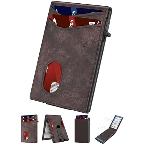 Slim Wallet for Men, Credit Card Holder with Pop Up Card Case, RFID Blocking, Mens Minimalist Wallet with Metal Money Clip | Smart Wallet |Gift Box |Brown Cover