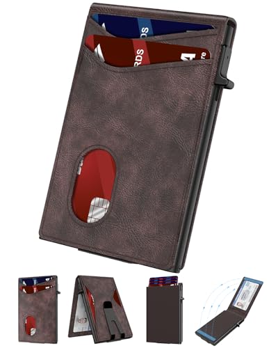 Slim Wallet for Men, Credit Card Holder with Pop Up Card Case, RFID Blocking, Mens Minimalist Wallet with Metal Money Clip | Smart Wallet |Gift Box |Brown