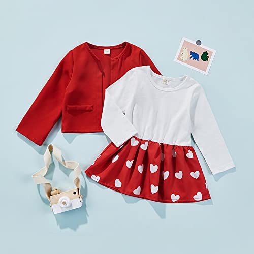 Baby Valentines Day Outfit Girl Heart Print Ruffle Mini Skirt+Coat Toddler Girls Valentines Day Dress Set (Red,4-5T)
