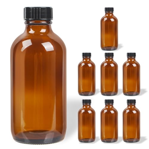 8 Pack 8 oz Amber Glass Bottles with Black Caps Boston Round Bottles for Homemade Vanilla Extract Essential Oils Syrup Juice Leakproof Empty Containers for Holiday Gifts & Liquids