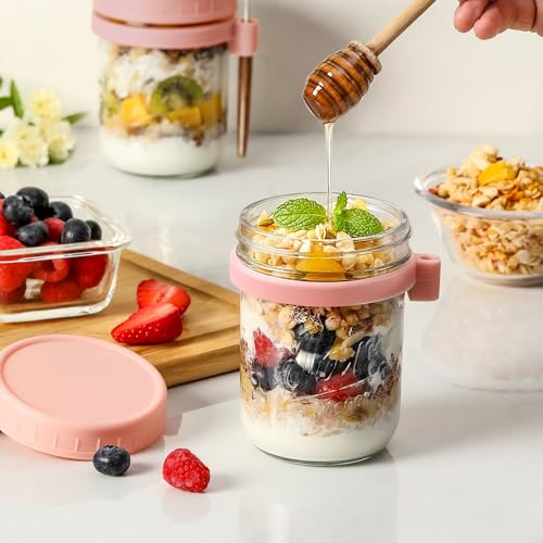 Image of LANDNEOO 4 Pack Overnight Oats Containers with Lids and Spoons, 16 oz Glass Mason Jars with Airtight Lids, Overnight Oats Jars for Milk, Cereal, Fruit-Pink