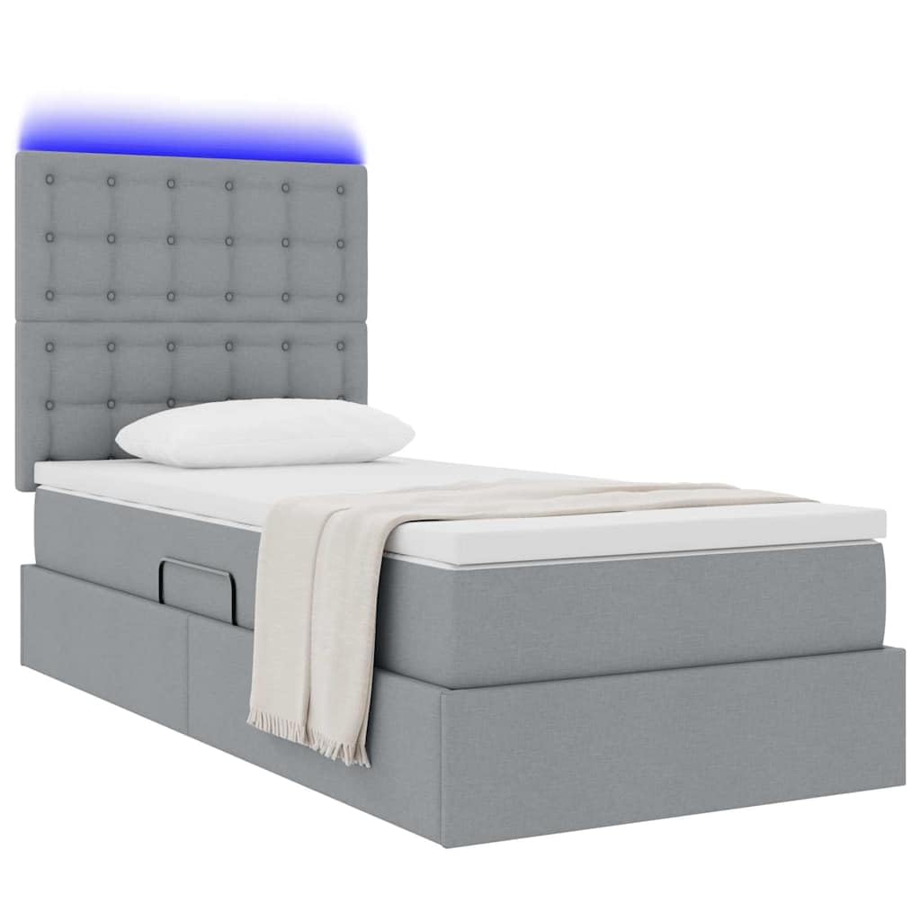 Moderno letto portaoggetti con materasso da 100 x 200 cm, illuminazione a LED grigio chiaro, telaio in metallo e rivestimento in poliestere, include materasso medio rigido e sistema di