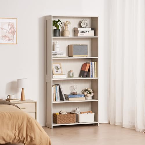Image of VEVOR 5 Tiers Wide Bookshelf, 68 in Wooden Open Bookcase with Display Storage Organizer Shelf, Freestanding Tall Display Floor Bookcase Bookshelf for Library, Bedroom, Living Room, Office, White