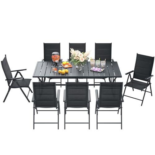BUPPLEE 9-Piece Outdoor Dining Set with 8 Padded Aluminum Foldable Chairs & Rectangular Table with Umbrella Hole - Patio Furniture for Backyard, Balcony, Poolside