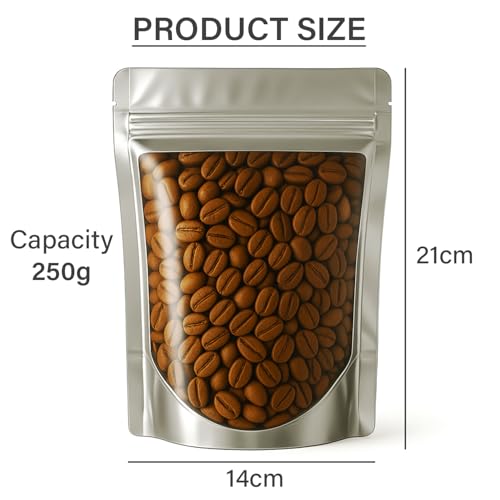 Image of Transparent Front /Silver Back Stand-Up Zipper Pouch, 14cm x 21cm, Pack of 10, Food Grade, Reusable LDPE Zip Lock Bags for Food Storage & Packaging Capacity 250g