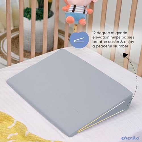 Image of Cherilo Half Size Elevated Wedge Pillow for Baby Crib & Mattress, Elevate Baby to Prevent Acid Reflux, Colic, GERD, Heat Burn & Vomiting | 19 inch x 13.5 inch x 3.5 inch | - with Removable Velvet Cover - Grey