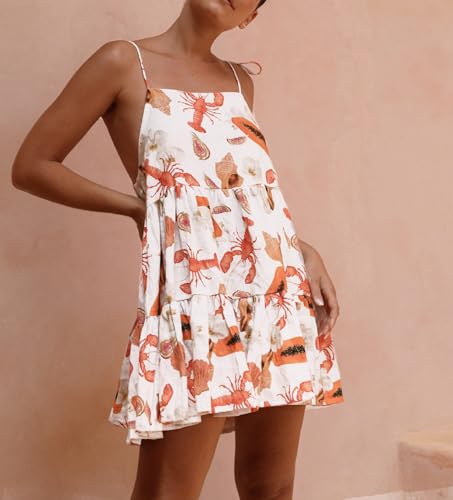 Image of NUFIWI Women Boho Graffiti Cami Mini Dress Spaghetti Strap Printed A Line Short Dress Backless Cut Out Colorful Sundress