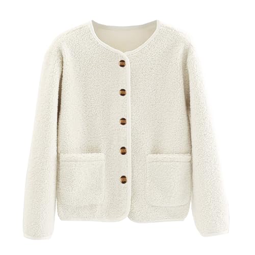 Chaqueta corta de forro polar para mujer con botones y cuello redondo casual