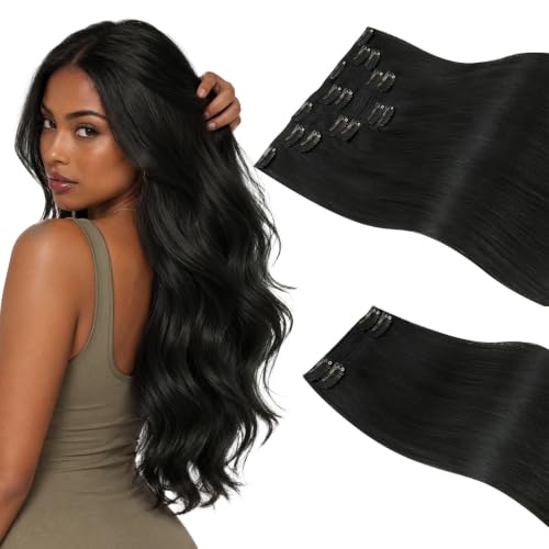 Sunny Hair Clip in Hair Extensions Real Human Hair Black 24 Inch 180g