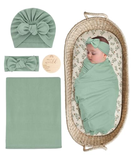 Image of ZURLEFY Stretchy Baby Swaddle Blanket and Headband Set, Newborn Receiving Blankets with Matching Hat for Nursery Swaddle Wrap