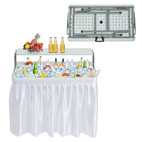 Winlice Outdoor Ice Cooler Folding Table Portable Cooler Table with Removable Matching Skirt Folding Ice Chest Table with Place Holder White