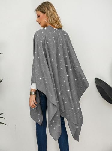 Image of Womens Rhinestones Open Front Poncho Shawl Wrap Cape Ruana Travel Blanket Cardigan