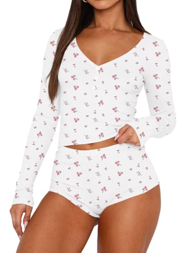 LACOZY Women 2 Piece Pajama Set Sexy Long Sleeve V Neck Tops Fall Lounge Clothing Sets 2025 Casual PJ Shorts Outfits White S