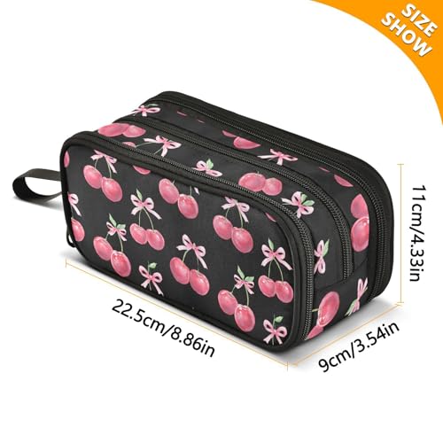 Image of Watercolor Cherry Bow Pencil Case Box Boys Girls Large Pencil Pouch Zipper Compartments Big Capacity Stationery Pen Bag Organizer for Kids Teens Adults School Office