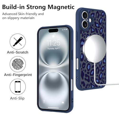 Image of KANGHAR Case for iPhone 16 Blue Leopard Printed Pattern | Cute Cheetah [Compatible with Magsafe] Protective Magnetic Case for Girls Women 6.1 inch