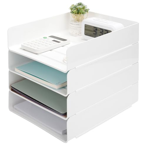 Aevcvok 4 Bandejas Oficina Apilables, Blanco Pet Bandeja Escritorio, Bandejas Plastico, Bandeja Portadocumentos, Organizador para Documentos, Folios, Papeles, Material de Oficina