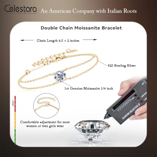 Celestrara Jewelry, Exquisite Moissanite & 925 Sterling Silver, double-chain bracelet. Trendy European Design with 1/4-inch (6.5mm), 1ct Certified Moissanite Daimond – Elegant Gift Package Included. (Silver) by Celestara Jewelry - Used condition - Image 4
