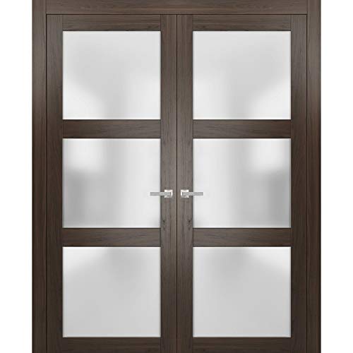 Solid French Double Doors 72 X 80 Inches Frosted Glass | Lucia 2552 Chocolate Ash | Wood Solid Panel Frame Trims | Closet Bedroom Sturdy Doors #TOP16