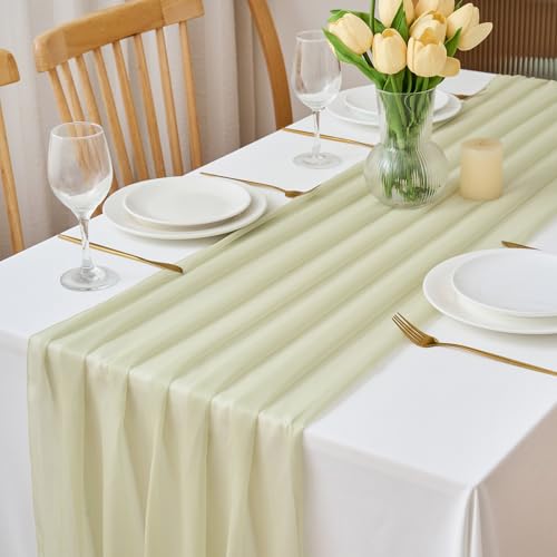 CHUQING Chiffon Tischläufer Hochzeit Tischdeko Stoff Tischdecke Sanftbeige – Ansicht 6