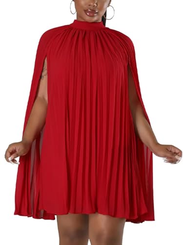 Women’s Casual Cape Sleeve Pleated Split Short Dress Loose Fit Cocktail Party Flowy Dress Red L