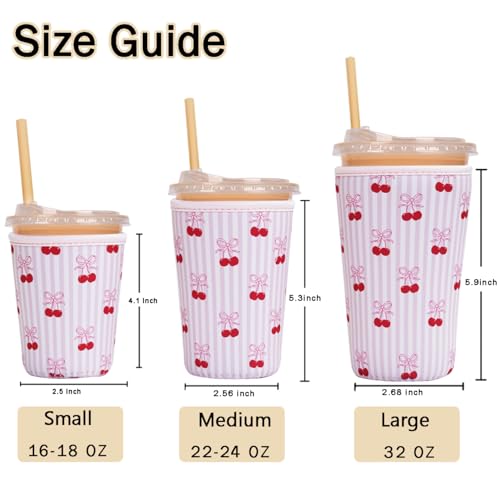 Image of Reusable Insulated Sleeve for Iced Coffee Cup, 3-Pack Coffee Neoprene Drink Sleeve for Cold & Hot Drinks, Beverage Holder for Iced Coffee (Pink Striped Cherries)