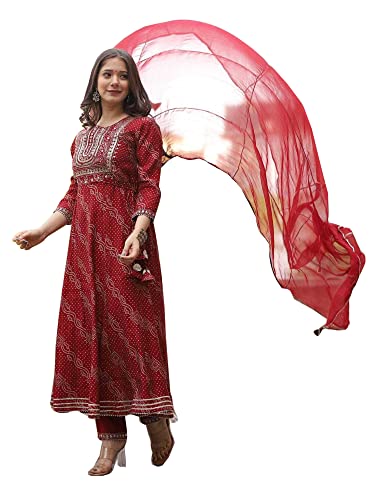 Ensemble Kurti indien rouge Bandhej Gota Anarkali avec pantalon et dupatta