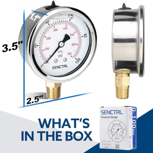 senctrl 0-100 psi glycerin liquid filled low pressure gauge 2534 dial size 1434 npt lower mount stainless steel case for water pump pneumatic air well rv hose tank gas pressure test