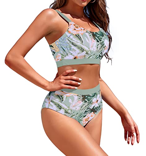 Image of Womens High Waisted Bikini Sets Sporty Crop Top Color Block Swimwear Bandeau Scoop Neck Vintage Two Piece Bathing Suits