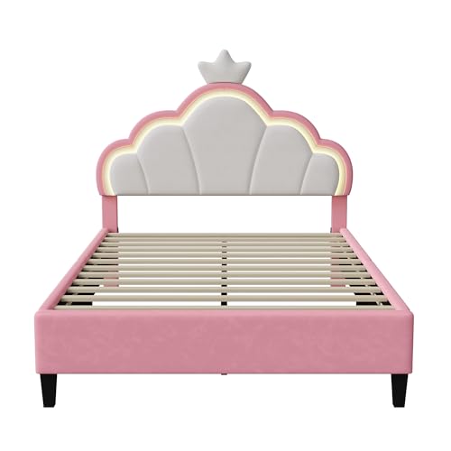 Cama infantil de 140x200 cm acolchada con luces LED y cabecero de princesa ajustable 8