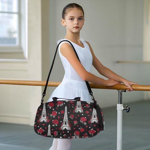 Duffle Bag for Boys or Girls with Shoes Compartment, Eiffel Tower Rose Sports Travel Bag Overnight3